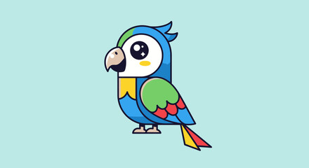 Cute Cartoon Parrot Character with Large Eyes and Bright Colors on Light Blue Background