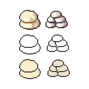 A collection of six pixel art sprites representing stacks of traditional steamed buns (Mantou). The set features three different artistic styles: textured shading, clean line art, and flat colors.