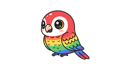Cute cartoon parrot with big expressive eyes and rainbow-colored feathers on a plain white