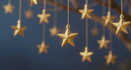 Golden Star Decorations Hanging Festive Holiday Background