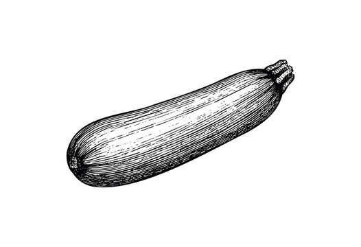 A detailed black and white engraving style illustration of a single zucchini with a white background, perfect for culinary, healthy eating, or farm-to-table themes.