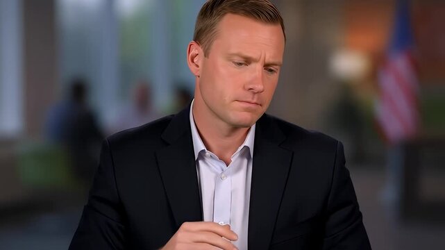 Man hesitates while gesturing, then looks down thoughtfully