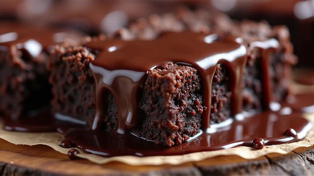 Rich chocolate brownie slices stacked with melted chocolate glaze. Moist baked squares with gooey topping, perfect dessert for any occasion. Decadent sweet treat.