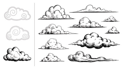Various hand sketched clouds with black outlines and subtle gray shading on a clean white background