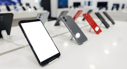 A sleek black smartphone with a digital touch screen display is isolated on a white background near a modern laptop and wireless tablet for business communication and portable technology data