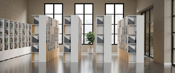 3D Rendering modern library interior with wooden bookshelves under soft daylight from tall windows © Prathankarnpap