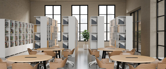 3D Rendering modern library interior table and chair with wooden bookshelves under soft daylight from tall windows © Prathankarnpap