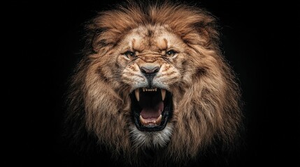 Close up portrait of fierce lion roaring on black background