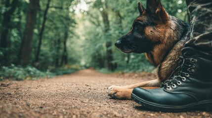 German Shepherd dog resting by soldier's boot in forest path