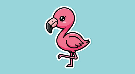 Cute cartoon pink flamingo illustration with exaggerated features on a light blue background ideal