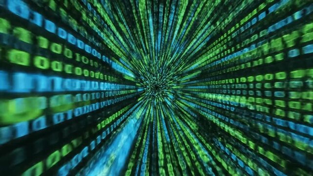 flying through a digital tunnel of glowing green and blue binary code, representing data streams, hacking, or the matrix in cyberspace