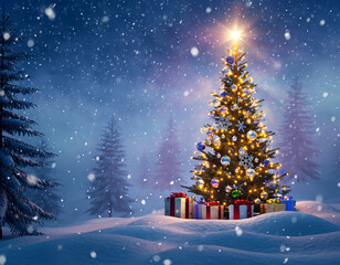 Magical Christmas Tree and Gifts in Snowy Forest at Night