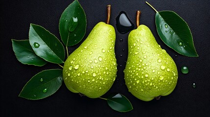 Two Green Pears with Water Droplets and Leaves