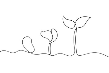 Continuous line drawing of two small plants with roots and leaves on a white background