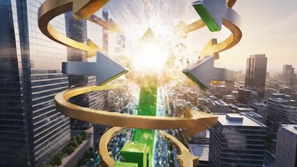 A giant green growth arrow surges through a futuristic cityscape at sunset, transforming into a golden emblem as confetti explodes, symbolizing business success and economic boom.