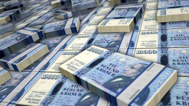 Iceland krona Icelandic money banknote bundle loop. 10000 ISK money stacks. Concept of business, economy, banking and finance. Camera over cash packs loopable seamless 3d.