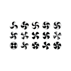 Arrangement of black and white circular fan blade designs on a white background