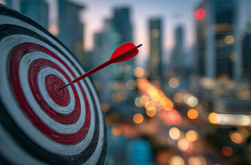 Red arrow hitting bullseye target, city backdrop