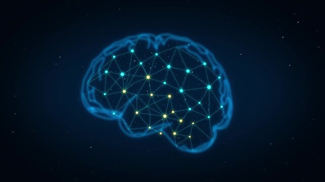 Glowing Digital Brain Neural Network With Connected Nodes On Dark Blue Background. Concept for artificial intelligence, neuroscience, machine learning, and data connectivity 