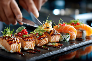 Closeup of chef plating gourmet sushi with salmon and garnishes