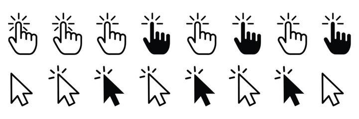 Fototapeta premium arrow and hand pointer cursor icon set featuring computer mouse click symbols, rank title inspired vector illustration for user interface navigation