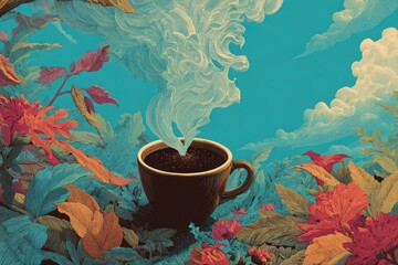 Steaming beverage amidst foliage and soft clouds in a surreal scene.