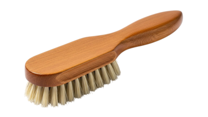 Vibrant wooden shoe brush with natural bristles, angled on transparent background, studio lighting, high resolution