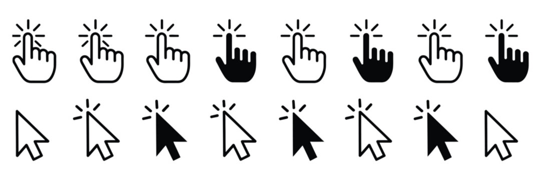 arrow and hand pointer cursor icon set featuring computer mouse click symbols, rank title inspired vector illustration for user interface navigation