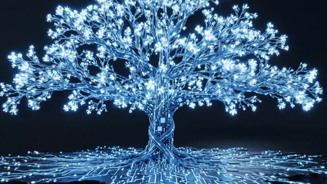 A glowing blue tree made of circuit boards and data streams grows from a motherboard, its branches and leaves shimmering with light, symbolizing the fusion of nature and technology.