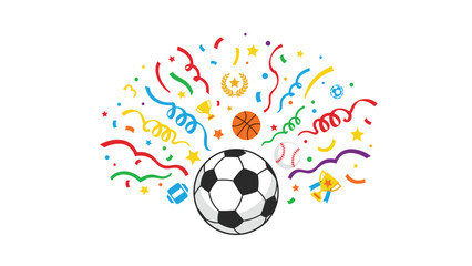 Celebratory sports equipment bursts with colorful confetti and awards, representing victory and athletic achievement.