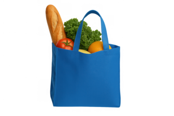 Reusable tote bag carrying a variety of fresh produce and bread, representing sustainable consumerism and healthy food choices at the supermarket