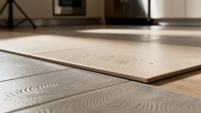 Medium shot of kitchen flooring showcasing sleek waterproof surfaces designed to withstand spills and heavy foot traffic.