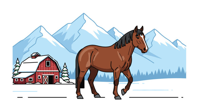 Majestic brown horse gracefully walks through a snowy landscape with a red barn and snow capped mountains in the background.