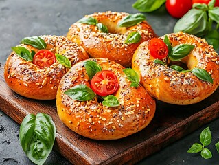 Gourmet Bagels with Cherry Tomatoes and Basil