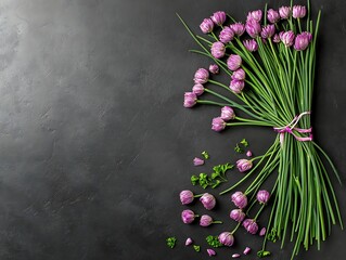 Here's a title under 150 characters: Purple Chive Blossoms & Greens on Dark Background