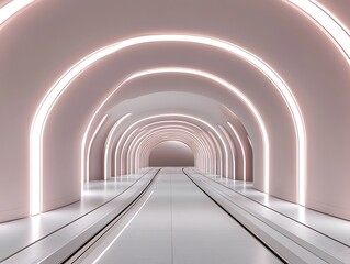 Abstract Pink Archway Tunnel with Neon Lights and Moving Walkway