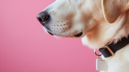 A detailed close-up captures the serene profile of a light-coated canine, showcasing its soft fur and focused expression against a vibrant pink backdrop. #dog #canine