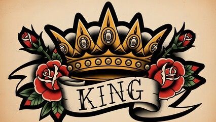 Crown tattoo concept paired with small rose and banner elements reading King , traditional tattoo flash style, bold outlines and shading.