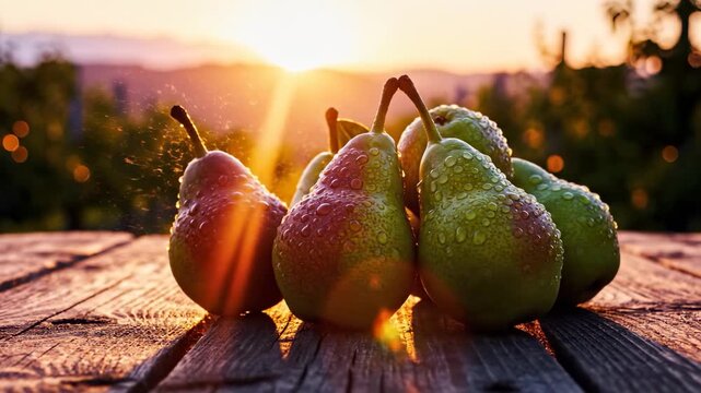 A cluster of fresh pears glistens with droplets of water on a rustic wooden table, glowing in the warm light of the sunset. The pears display vibrant colors, inviting an appreciation for their natural