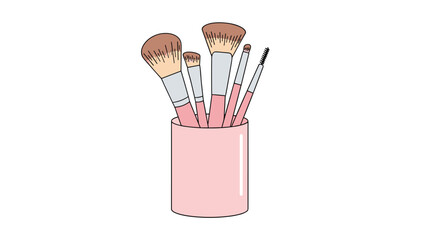 A collection of makeup brushes stands neatly organized in a pink cylindrical holder, perfect for beauty routines.