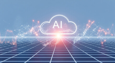 Futuristic AI cloud computing concept with glowing grid and network connections