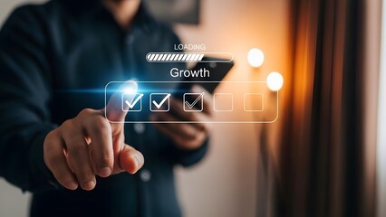 A man interacting with an augmented reality interface in a modern indoor setting