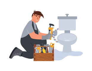 A professional plumber repairs a toilet. A man in uniform with an adjustable wrench fixes the leak.