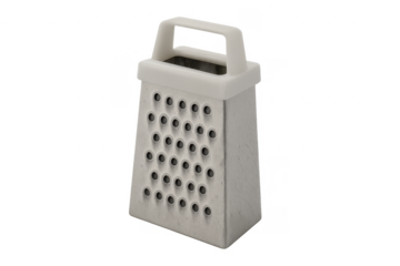 Stainless steel box grater with white handle for food preparation
