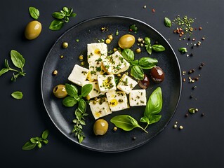 Overhead Shot: Cubes of Cheese with Olives and Herbs on Dark Plate