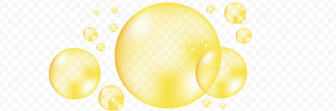 Golden, yellow oil drops, bubbles vector illustration on transparent background