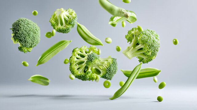 Floating freshness: levitation of broccoli, snap peas, and edamame on gray background