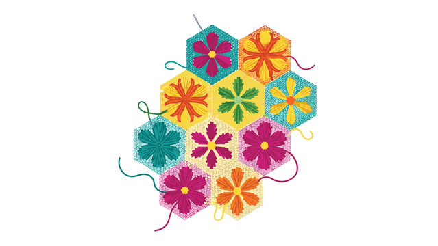 Colorful floral hexagons resembling patchwork are connected with thread, creating a vibrant and artistic design.
