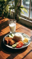Healthy meal with rice, fried meat, egg, vegetables and milk.