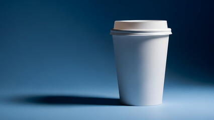 A white plastic cup with a closed lid on a blue background